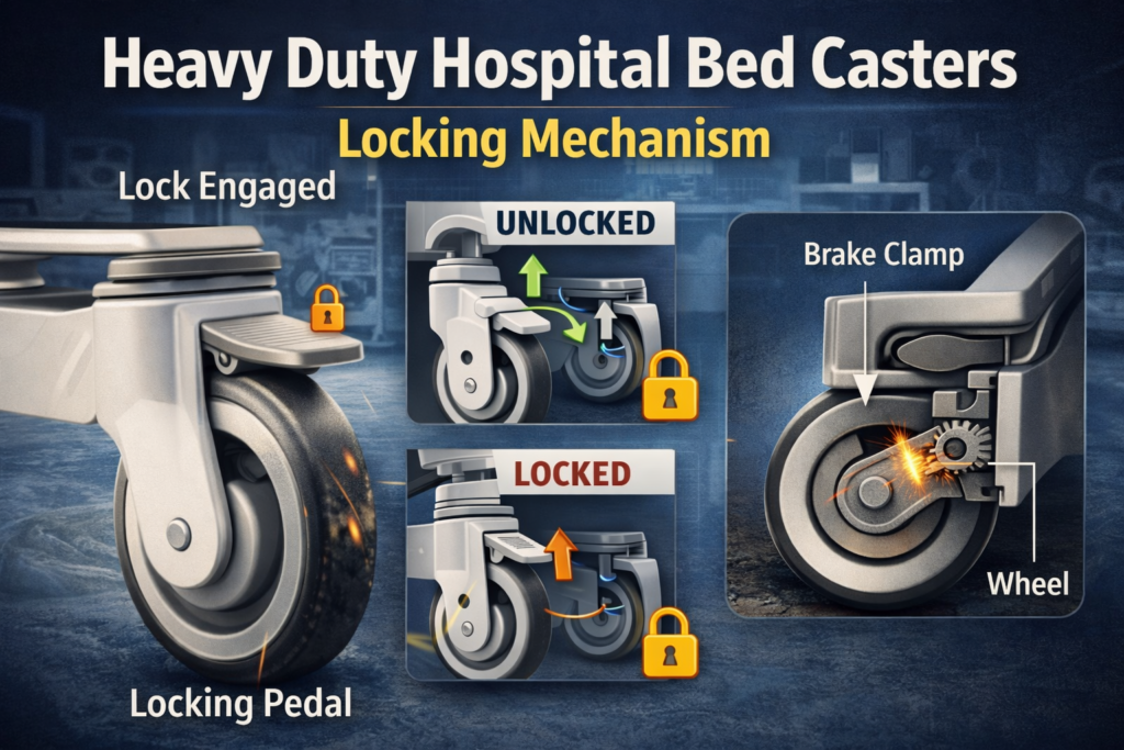 A close-up of a high-traction locking caster on a bariatric hospital bed rental to prevent slipping under heavy load.
