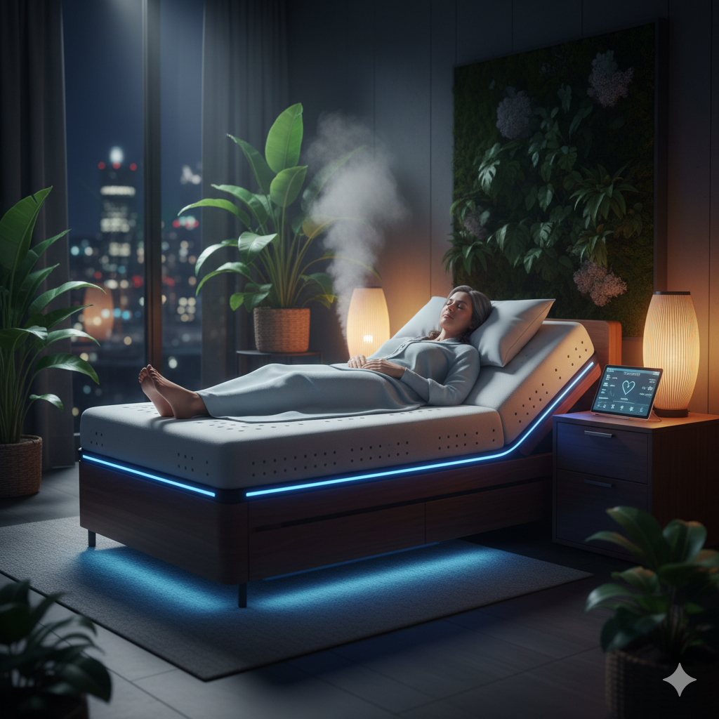 A premium full-electric medical bed in a modern home recovery suite, featuring an adjustable head section for spinal decompression, blue under-bed safety lighting, and integrated airflow technology for temperature regulation.