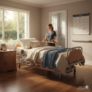 Nurse teaching home care basics to family caregiver in living room