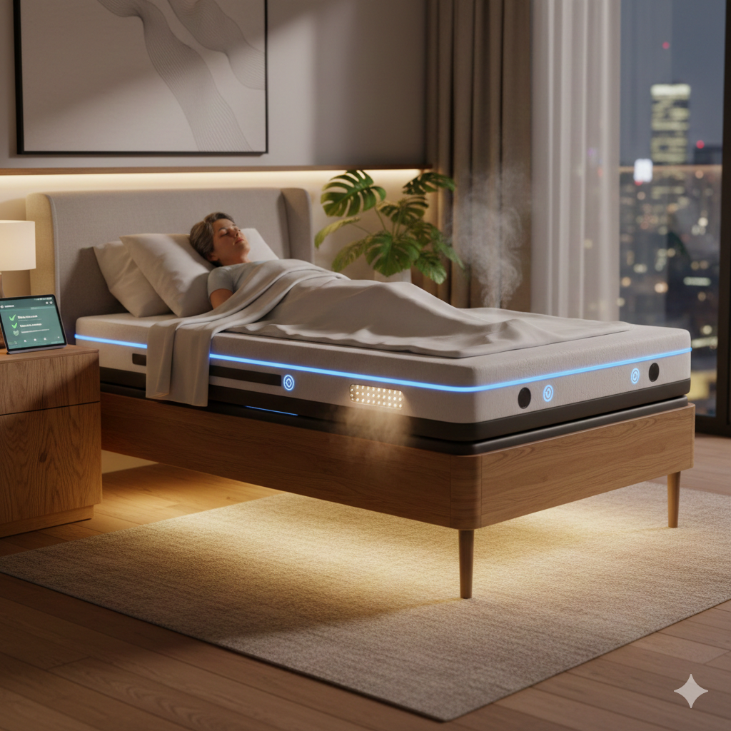 A modern medical bed for home use featuring a low-air loss air mattress with integrated blue LED safety lighting and visible airflow cooling technology in a warm, contemporary bedroom setting