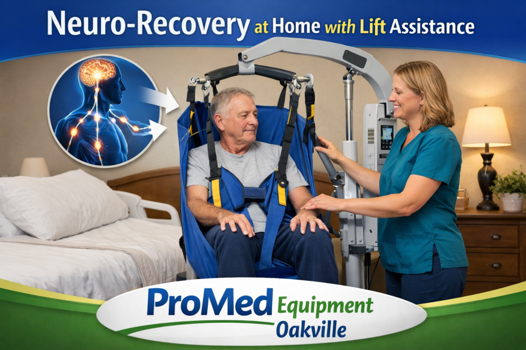 Caregiver using a mechanical patient lift to support stroke patient neuro-recovery at home by ProMed Equipment Oakville