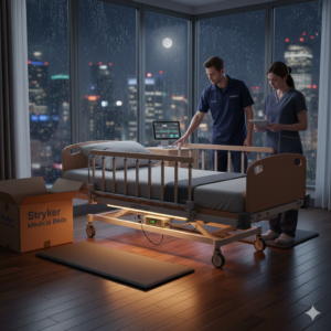 Two professional technicians in a modern bedroom setting up a high-quality Stryker medical bed for home use. The bed features a light-colored wooden frame, safety side rails, and a built-in control panel, shown during an evening installation with city views in the background.