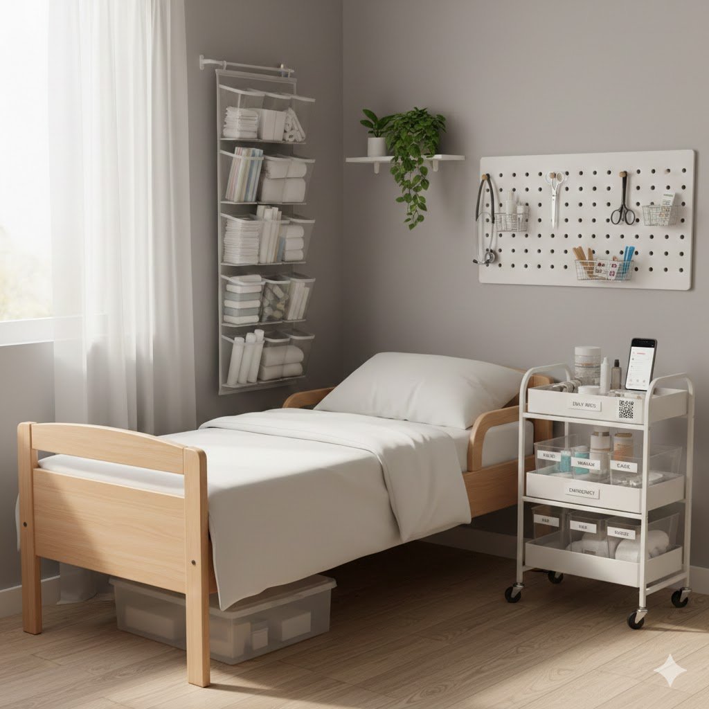 Small space home medical supply storage with organized shelves and care equipment