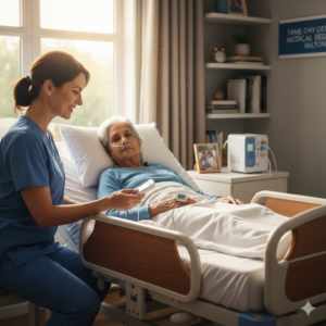 A caregiver using a remote to adjust a hospital bed into a zero-gravity position for an elderly patient in a Milton home.