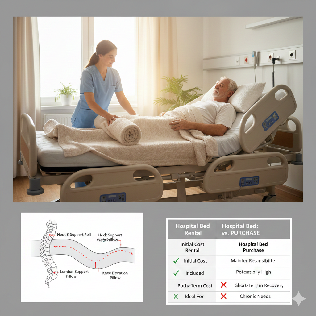 caregiver adjusting a rolled bolster under a patient's knees on a hospital bed with mattress rental to support spinal alignment.