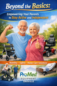 Active senior couple with mobility walker and scooter promoting independent living solutions by ProMed Equipment Oakville.