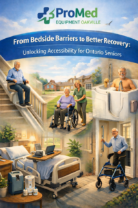 Home accessibility solutions for seniors including hospital bed, stairlift, wheelchair, and walker promoting safer recovery at home by ProMed Equipment Oakville in Ontario.