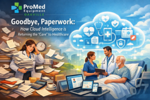 Doctor using cloud-based healthcare technology to manage patient data digitally, reducing paperwork and improving patient care – ProMed Equipment Oakville.