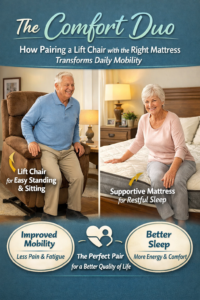 Elderly couple demonstrating improved mobility and comfort using a lift chair for easy standing and a supportive mattress for restful sleep.