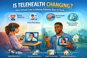 Illustration of telehealth services showing virtual doctor consultations, remote patient monitoring, online prescriptions, and digital tools helping patients manage chronic conditions and mental health from home.