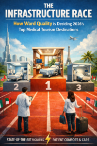 Illustration showing hospital wards competing on a podium track symbolizing the global infrastructure race, highlighting how advanced ward quality and patient care facilities influence top medical tourism destinations in 2026.