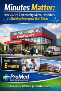 Modern community micro-hospital providing fast emergency care with reduced wait times, highlighting ProMed Equipment Oakville’s support for advanced healthcare solutions.
