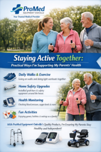 Adult daughter walking with her elderly parents in a park while promoting healthy aging, daily exercise, home safety, and health monitoring with ProMed Equipment Oakville medical equipment.