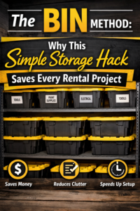 Black and yellow storage bins organized on shelves demonstrating the “Bin Method,” a simple storage hack that reduces clutter, saves money, and speeds up setup for rental projects.