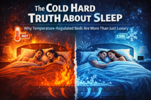 Couple sleeping comfortably on a temperature-regulated bed showing hot vs cool sleep environment concept illustrating how climate-controlled beds improve sleep comfort and health.