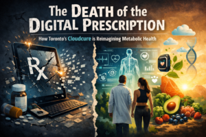 A professional medical clinician in Toronto using the Cloudcure digital health app on a tablet to monitor a patient's metabolic health data in a modern office setting