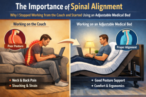 Person working comfortably on an adjustable medical bed with proper spinal alignment, contrasted with poor posture while working from a couch.