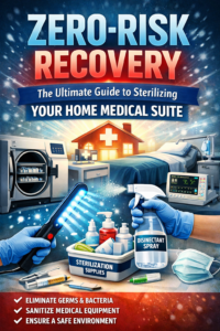 Illustration of a clean home medical suite with hospital bed, UV sterilizer, disinfectant spray, and medical equipment being sanitized for safe recovery environment
